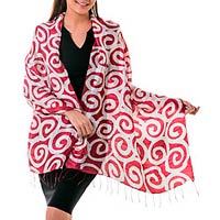 Silk shawl, 'Red Thai Maze' - Red and White Silk Shawl Dyed by Hand