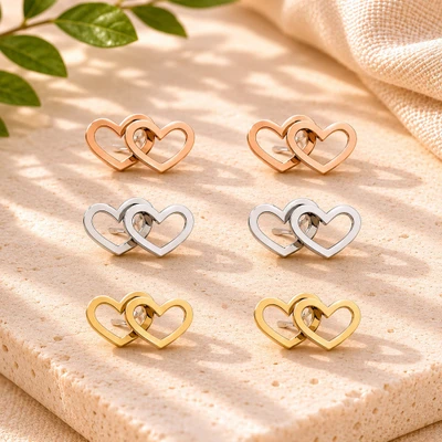 Button earrings, 'My Heart' (set of 3) - Set of 3 Mixed Metal Love Heart Button Earrings from Mexico