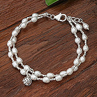 Cultured pearl pendant bracelet, 'The Promise' - Thai Cultured Pearl Bracelet with Sterling Silver Pendant