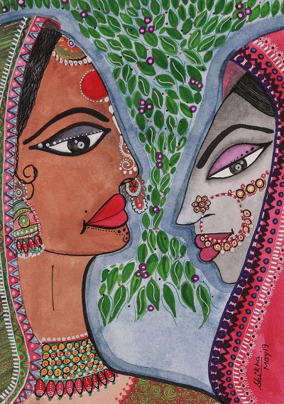 'Radha and Rukhmani Union' - Signed Watercolor Painting of Radha and Rukhmani