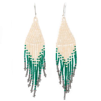 Beaded waterfall earrings, 'Falling Emeralds' - Beige and Green Glass Beaded Waterfall Earrings