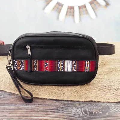 Wool-accented leather waist bag, 'Adventure in Red' - Versatile Black Leather Waist Bag or Wristlet from Peru
