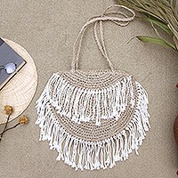 Natural fiber shoulder bag, 'Crescent Spirit' - Natural Fiber Shoulder Bag with Cotton Fringe Accent