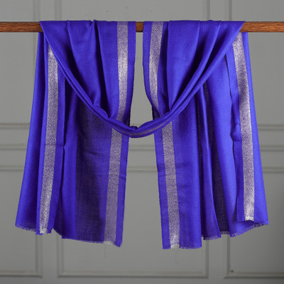 Wool and silk blend shawl, 'Magical Blue' - Blue Woven Wool Silk Blend Shawl with Zari Silver Stripes