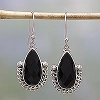 Onyx dangle earrings, 'Magical Night' - Handmade Onyx and Sterling Silver Dangle Earrings from India