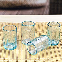 Blown recycled glass tequila glasses, 'Blue Mezcaleros' (set of 4) - 4 Hand Blown Blue Recycled Glass Tequila Glasses from Mexico