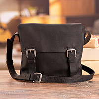 Leather messenger bag, 'Message at Night' - Adjustable 100% Leather Messenger Bag in Black Made in Peru