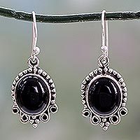 Onyx dangle earrings, 'Midnight Kiss' - Onyx Dangle Earrings in Sterling Silver from India