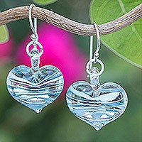 Handblown glass dangle earrings, 'Loving Green' - Handblown Glass Heart Dangle Earrings in Green and White