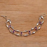 Amethyst link bracelet, 'Indah Enam' - Balinese Amethyst and Sterling Silver Link Bracelet