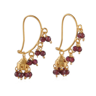 Gold-plated garnet chandelier earrings, 'Golden Jhumka' - Gold-Plated Chandelier Earrings with Garnet Gemstones