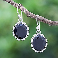 Onyx dangle earrings, 'Black Allure' - Oval Faceted Black Onyx Dangle Earrings