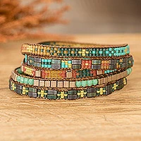 Beaded wrap bracelet, 'Turquoise Lagoon' - Handmade Green and Turquoise Glass Beaded Wrap Bracelet