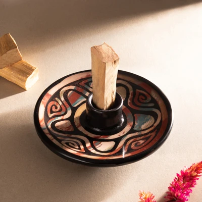 Ceramic palo santo burner, 'Vicús Spirit' - Handcrafted Round Ceramic Palo Santo Burner in Warm Hues