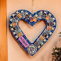 Cotton wreath, 'Guatemala's Love' - Classic Worry Doll-Themed Heart-Shaped Blue Cotton Wreath