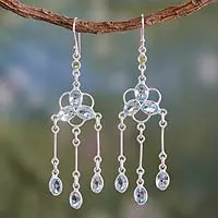 Blue topaz and peridot chandelier earrings, 'Midsummer Light' - Blue Topaz and Peridot Silver Chandelier Earrings