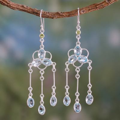Blue topaz and peridot chandelier earrings, 'Midsummer Light' - Blue Topaz and Peridot Silver Chandelier Earrings