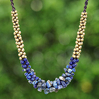 Lapis lazuli pendant necklace, 'Blue Orchids' - Bohemian Pendant Necklace with Lapis Lazuli and Brass Beads