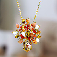 Gold accent glass and ceramic pendant necklace, 'Elegant Cluster' - 18k Gold Accent Glass and Ceramic Pendant Necklace