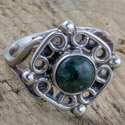 Jade cocktail ring, 'Maya Cardinal Points' - Antiqued Sterling Silver Ring with Guatemalan Jade