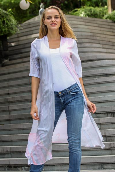 Long rayon kimono jacket, 'Swirling Currents' - Hand-Dyed Open Front Kimono Jacket in Grey and Peach
