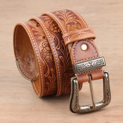 Men's leather belt, 'Garden Glory' - Men's Artisan Crafted Leather Belt