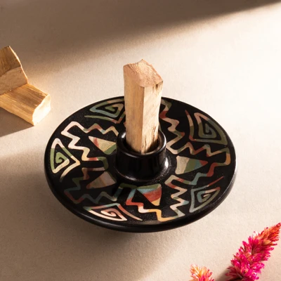 Ceramic palo santo burner, 'Ancestral Constellation' - Handcrafted Geometric Round Ceramic Palo Santo Burner