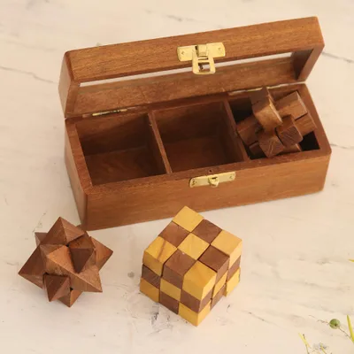 Wood puzzles, 'Triple the Fun' (set of 3) - Acacia Wood Puzzles (Boxed Set of 3)