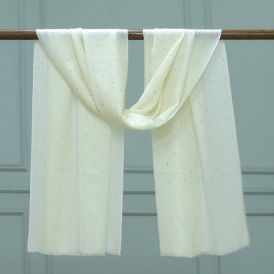 Wool and silk blend beaded shawl, 'Alabaster Sparkling' - Wool and Silk Swarovski Crystal Beaded Shawl in Alabaster