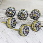 Embellished wood knobs, 'Floral Rainbow' - Glitzy Iridescent Beaded Drawer Pulls (Set of 6)