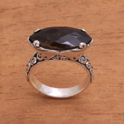 Smoky quartz cocktail ring, 'Glittering Boat' - 4-Carat Smoky Quartz Cocktail Ring from Bali