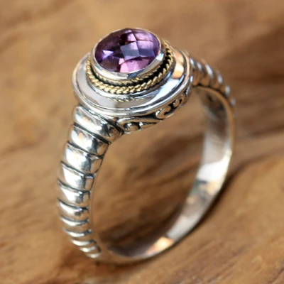 Amethyst single stone ring, 'Bali Wisdom' - Artisan Crafted Amethyst and Sterling Silver Ring