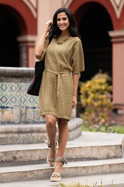 Cotton dress, 'Thalu in Sand' - Organic Pima Cotton Tee Dress in Sand Brown from Peru