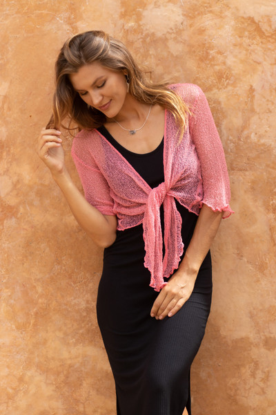 Knit jacket, Lazy Days in Pink - Balinese-Made Knit Three-Quarter Sleeve Jacket in Pink Hues