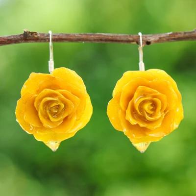 Natural rose dangle earrings, 'Floral Temptation in Yellow' - Natural Rose Dangle Earrings in Yellow from Thailand