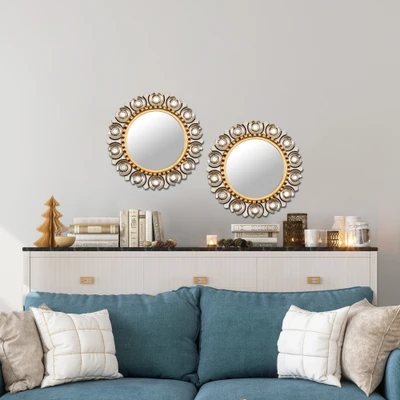 Mohena wood wall mirrors, 'Golden Fleur de Lis' (pair) - Pair of Mohena Wood Wall Mirrors with Bronze Leaf from Peru