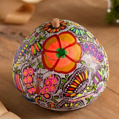 Gourd decorative jar, 'Garden of the Butterflies' - Floral and Butterfly Motif Gourd Decorative Jar from Peru