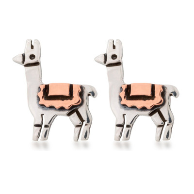 Mixed metal button earrings, 'Lively Llamas' - Sterling Silver and Copper Llama Button Earrings from Mexico