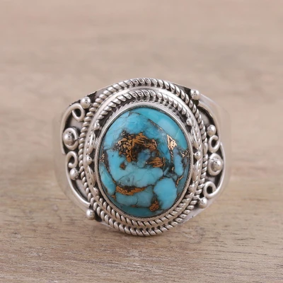Sterling silver cocktail ring, 'Golden Blue Delight' - Sterling Silver Blue Composite Turquoise Cocktail Ring