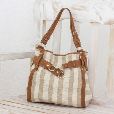 Leather accent cotton handbag, 'Natural Lines' - Central American Cotton Shoulder Bag