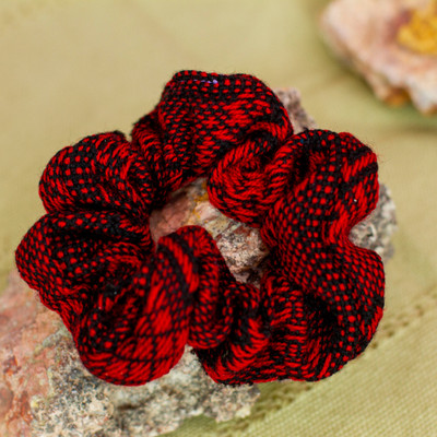 Cotton scrunchie, 'Red Spell' - Handloomed Cotton Red Scrunchie with Geometric Pattern
