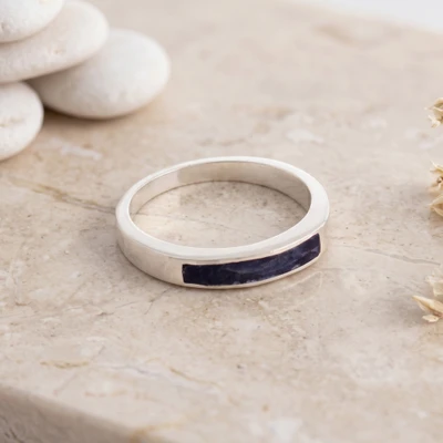 Sodalite band ring, 'Blue Dual Enchantment' - Sterling Silver Band Ring with Inlaid Sodalite Gem from Peru