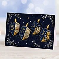 UNICEF Hanukkah cards, 'A Great Miracle...' (set of 12) - Dreidel Quartet Set of 12 Unicef Hanukkah Greeting Cards