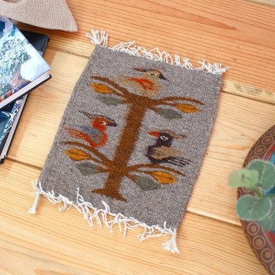 Zapotec wool table mat, 'Grey Bird Kingdom' - Grey Bird-Themed Hand-Loomed Zapotec Style Wool Table Mat