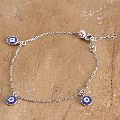 Sterling silver charm bracelet, 'Safe Spirit' - Nazar-Beaded Sterling Silver Charm Bracelet Made in India