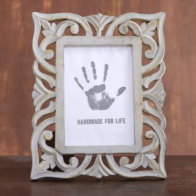 Wood photo frame, 'Leafy Garden' (5x7) - Grey Hand-Carved Mughal Garden 5x7 Mango Wood Photo Frame