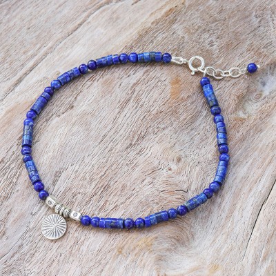 Lapis lazuli beaded charm anklet, 'True Charm' - Natural Lapis Lazuli Beaded Anklet with Silver Charm