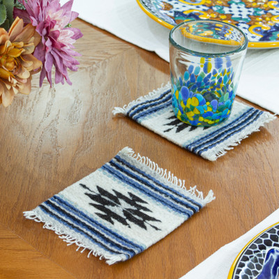 Wool coasters, 'Blue Mexico' (pair) - Pair of Coasters Hand-Woven from Wool with Mexican Motifs