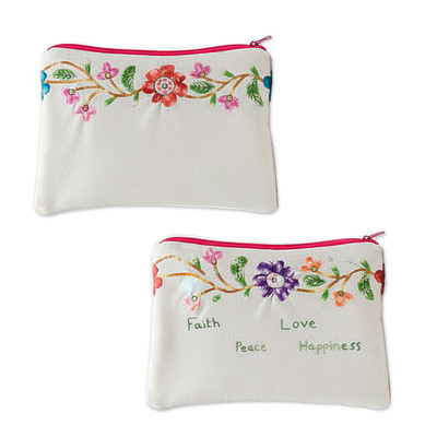 Embroidered cosmetic bag, 'Blooming Kindness' - Inspirational Spring-Themed Cotton Embroidered Comestic Bag