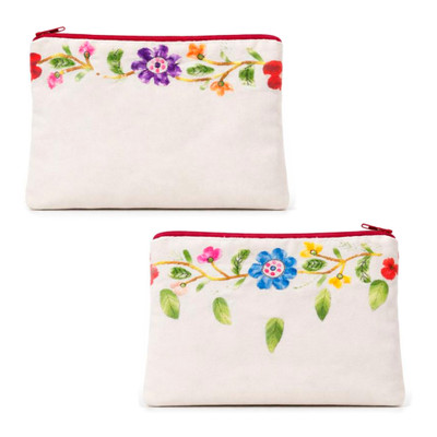 Embroidered cosmetic bag, 'Blooming Sensibility' - Floral Cotton Embroidered Cosmetic Bag with Zipper Closure